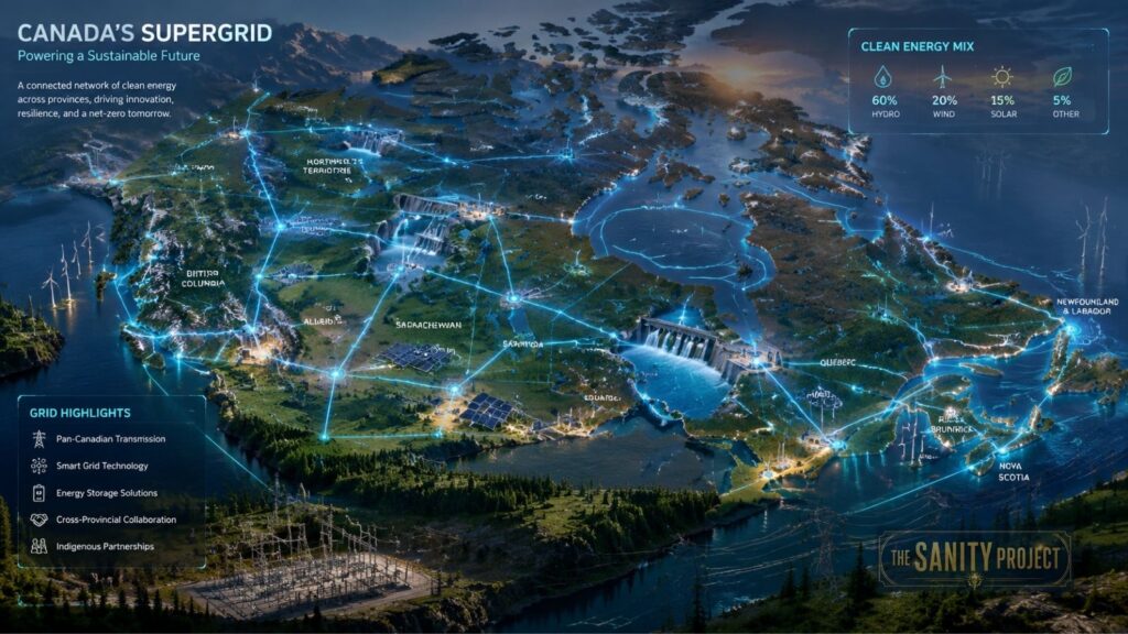 A detailed map of Canada at night highlights the Canada Electricity Grid with glowing blue lines representing energy transmission. Icons show hydro, solar, wind, nuclear, and storage sources across provinces, emphasizing the clean energy mix and regional connections.