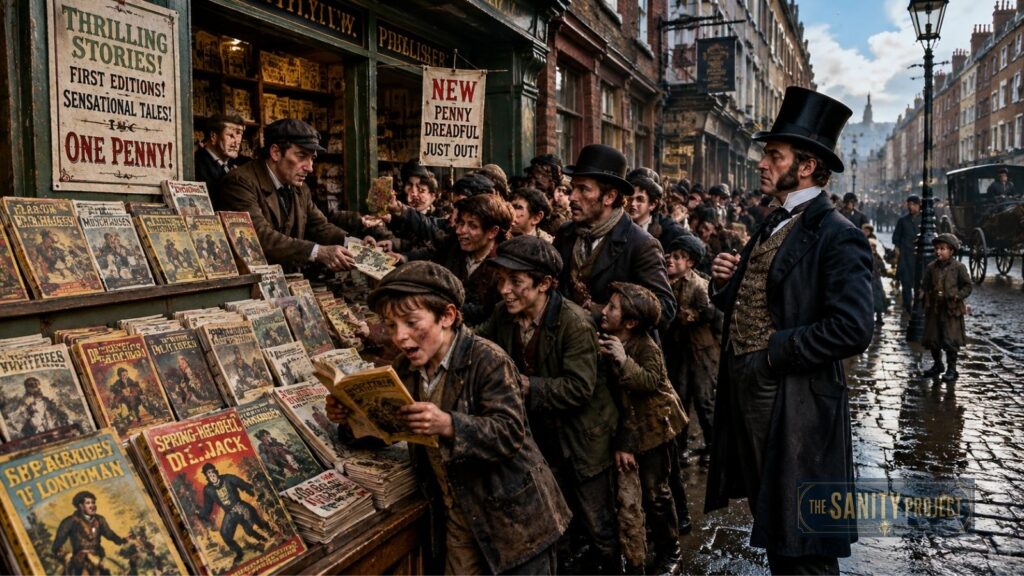 Victorian-era street scene of excited boys crowding a newsstand covered with illustrated penny dreadful magazines. A man in a top hat observes, unaware this bustling, historic London atmosphere is the product of ai generated content.