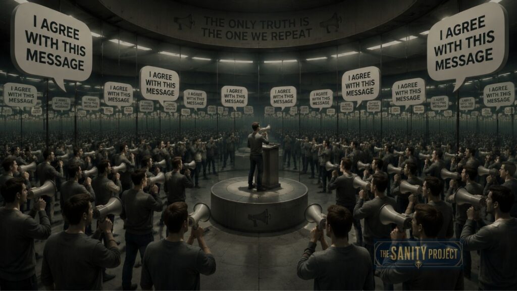 A man stands at a podium, surrounded by identical people in gray clothing with megaphones. Countless speech bubbles echo, I AGREE WITH THIS MESSAGE—a striking snapshot of trends in political disinformation reflected and repeated endlessly above a sign.