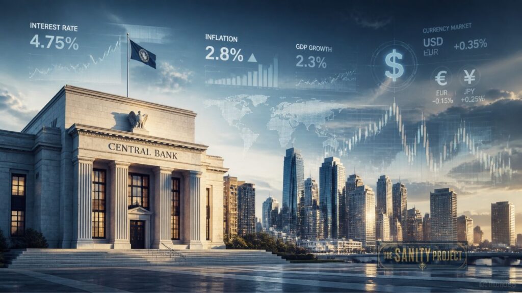 A neoclassical building labeled Central Bank stands in the foreground, backed by a modern city skyline. Overlaid graphics display key economic indicators: interest rate 4.75%, inflation 2.8%, GDP growth 3.2%, and currency rates for USD, EUR, JPY, and GBP.