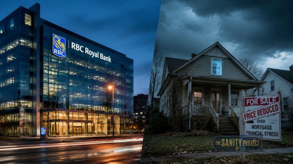 The image is split in two: on the left, a brightly lit glass RBC Royal Bank building at dusk; on the right, a dark, run-down house with a “For Sale” sign that says “Price Reduced,” reflecting the strain of rising Canadian household debt.