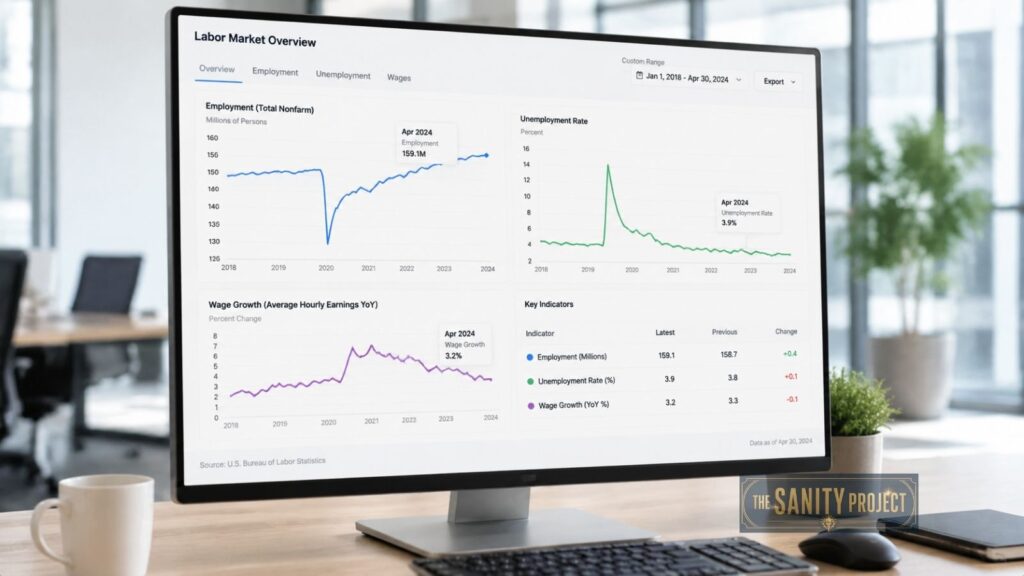 A computer monitor displays a guide to labour market data dashboard with graphs showing employment, unemployment rate, and wage growth. The office scene includes a keyboard, coffee mug, pen, and The Sanity Project logo.