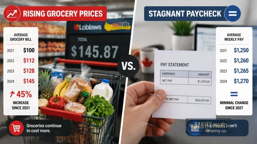 A split image shows how inflation affects wage growth: grocery bills soared 45% from $102 (2021) to $145 (2024), while weekly pay only inched up from $1,250 to $1,270—a stark contrast revealing minimal wage growth versus rising prices.