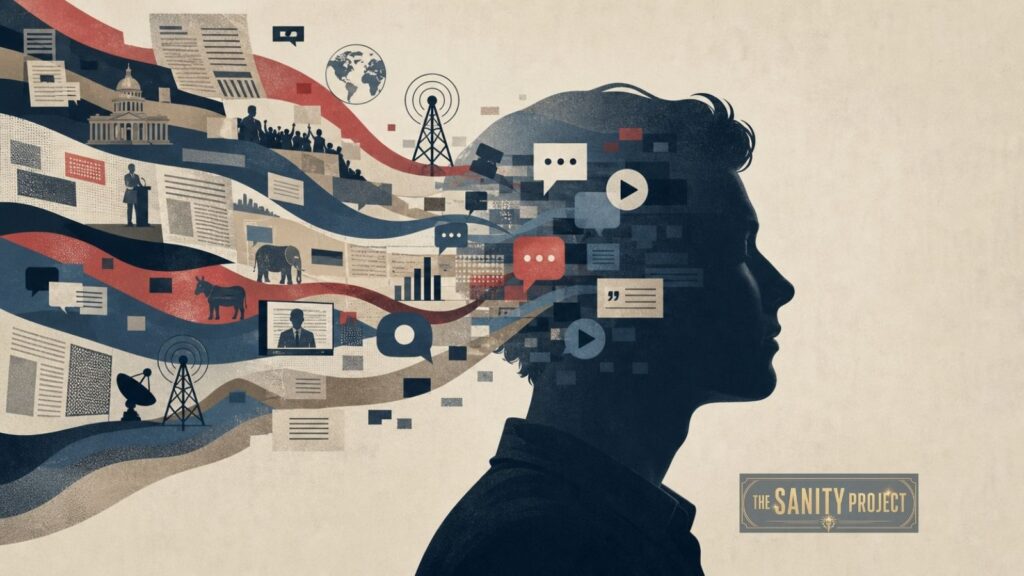 A silhouette of a person’s head faces right, with colorful streams of news articles, chat bubbles, graphs, and icons flowing in or out—illustrating how media narratives shape perception. In the corner sits a logo reading “The Sanity Project.”.