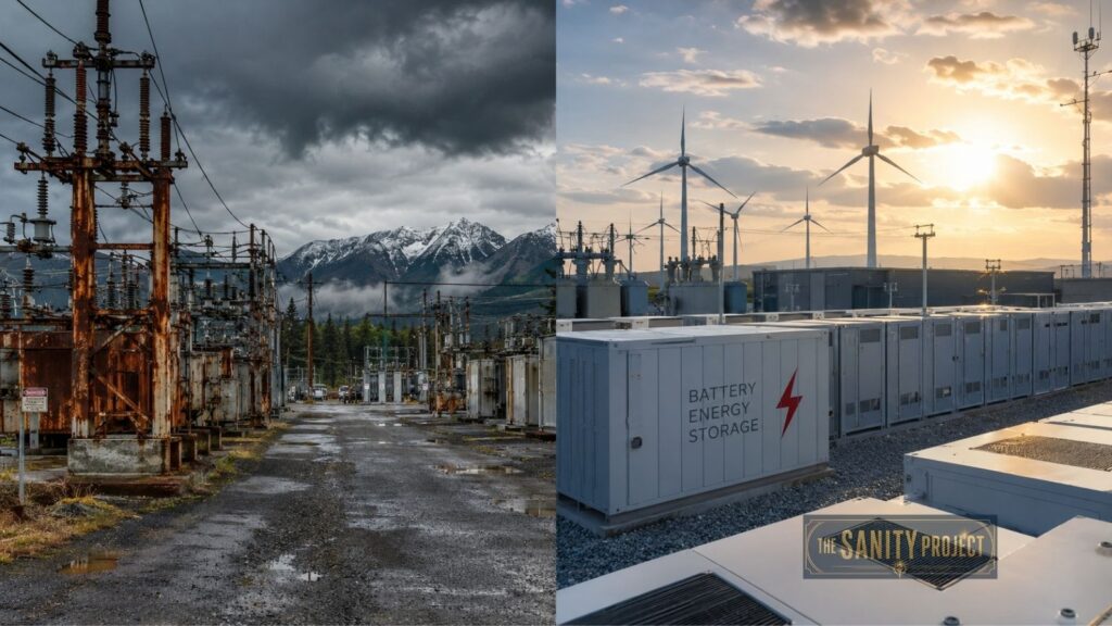 Split image: Left side shows a rusty, old electrical substation under gloomy clouds and snowy mountains, reflecting the aging Canada Electricity Grid. Right side displays modern battery storage, wind turbines, sunrise, and a sign reading “The Sanity Project.”.