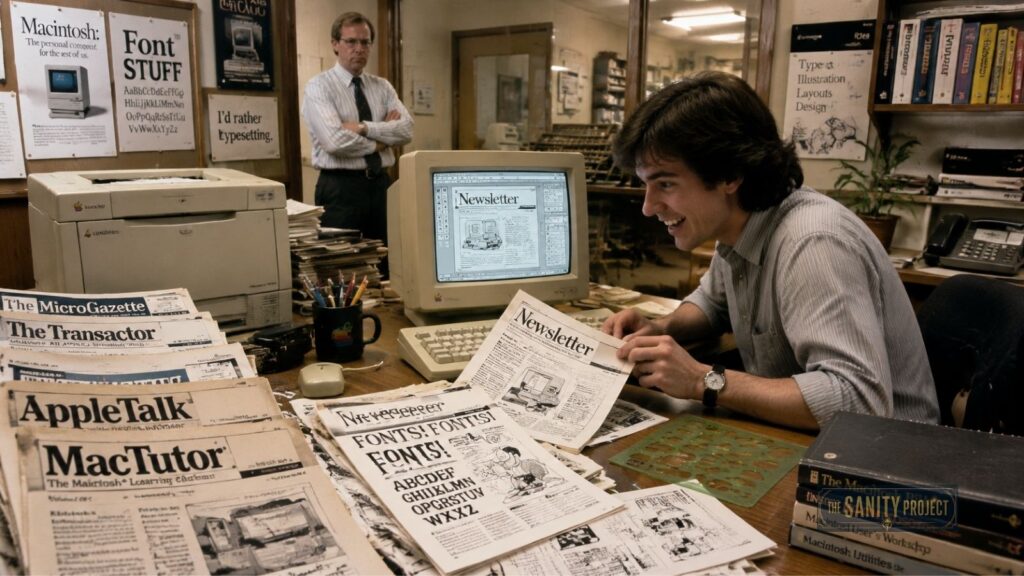 A young man enthusiastically shows a printed newsletter at a cluttered desk covered with papers about fonts, newsletters. An old computer displays the same newsletter onscreen as a man in a tie watches from the office background.