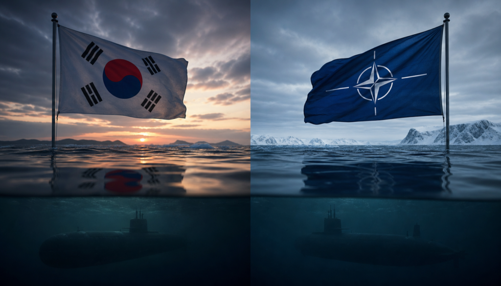 Split image: Left shows South Korea’s flag above water at sunset with a submarine below. Right shows NATO’s flag in Arctic scenery, a submarine underwater beneath icy mountains—hinting at influence from Canada’s submarine decision.