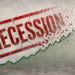A green upward-trending line graph cuts through a cracked red “RECESSION” stamp, breaking apart the word into debris—symbolizing economic recovery or growth overcoming a Canada Recession 2026. The background features a worn, concrete texture.