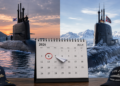 A split image shows a South Korean submarine at sunset on the left and a Norwegian submarine in icy waters on the right, with a July 2026 calendar (July 6 circled) in the center—hinting at Canada’s submarine decision. Navy hats sit in the foreground.