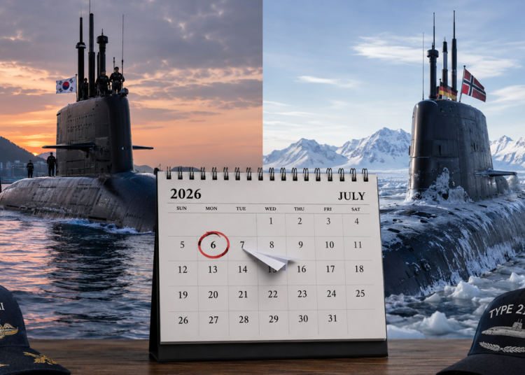 A split image shows a South Korean submarine at sunset on the left and a Norwegian submarine in icy waters on the right, with a July 2026 calendar (July 6 circled) in the center—hinting at Canada’s submarine decision. Navy hats sit in the foreground.