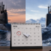 A split image shows a South Korean submarine at sunset on the left and a Norwegian submarine in icy waters on the right, with a July 2026 calendar (July 6 circled) in the center—hinting at Canada’s submarine decision. Navy hats sit in the foreground.